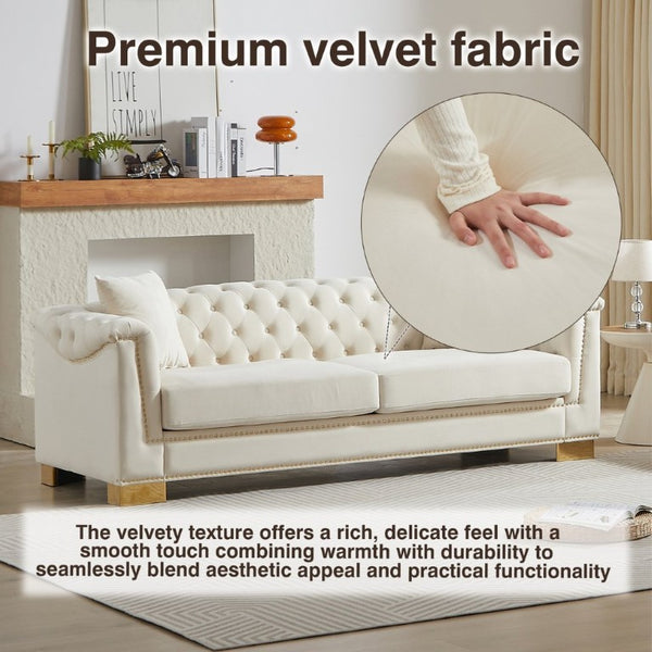 English Elm {Video] Chesterfield Velvet Sofa Tufted Three Seater with Gold Stud Arms for Living Rooms Beige W1926S00126
