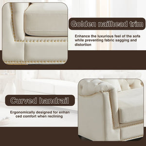 English Elm {Video] Chesterfield Velvet Sofa Tufted Three Seater with Gold Stud Arms for Living Rooms Beige W1926S00126