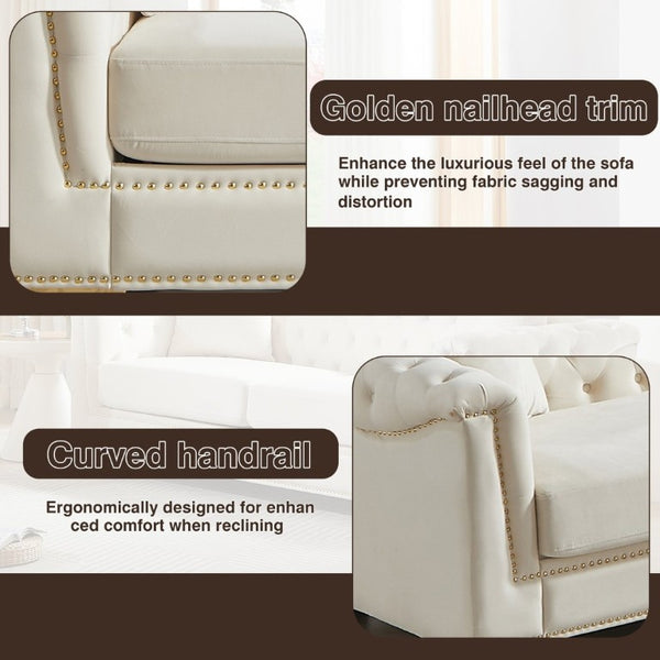 English Elm {Video] Chesterfield Velvet Sofa Tufted Three Seater with Gold Stud Arms for Living Rooms Beige W1926S00126