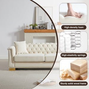 English Elm {Video] Chesterfield Velvet Sofa Tufted Three Seater with Gold Stud Arms for Living Rooms Beige W1926S00126