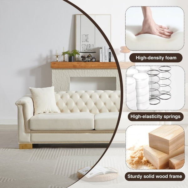 English Elm {Video] Chesterfield Velvet Sofa Tufted Three Seater with Gold Stud Arms for Living Rooms Beige W1926S00126