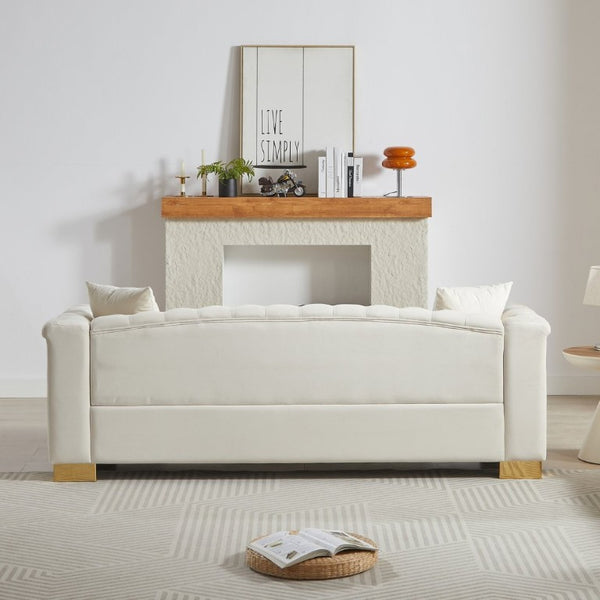 English Elm {Video] Chesterfield Velvet Sofa Tufted Three Seater with Gold Stud Arms for Living Rooms Beige W1926S00126