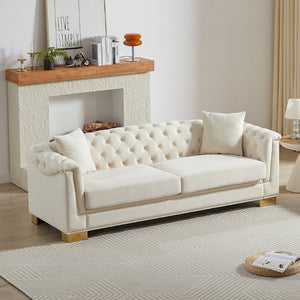 English Elm {Video] Chesterfield Velvet Sofa Tufted Three Seater with Gold Stud Arms for Living Rooms Beige W1926S00126