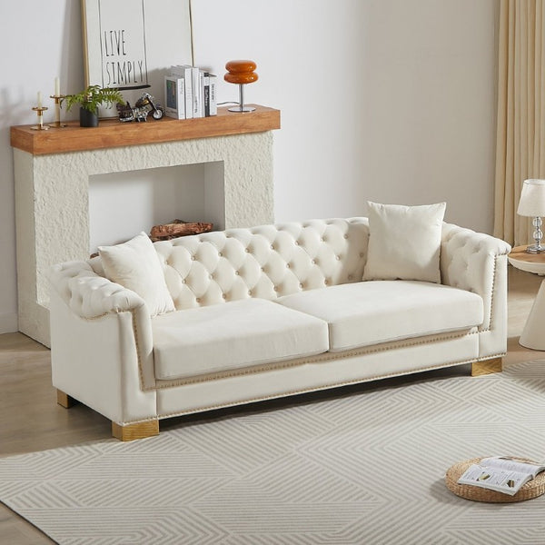 English Elm {Video] Chesterfield Velvet Sofa Tufted Three Seater with Gold Stud Arms for Living Rooms Beige W1926S00126
