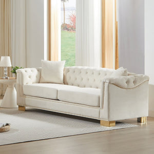 English Elm {Video] Chesterfield Velvet Sofa Tufted Three Seater with Gold Stud Arms for Living Rooms Beige W1926S00126