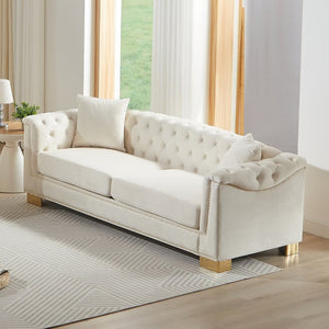 English Elm {Video] Chesterfield Velvet Sofa Tufted Three Seater with Gold Stud Arms for Living Rooms Beige W1926S00126
