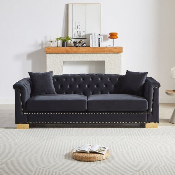 English Elm {Video] Chesterfield Velvet Sofa Tufted Three Seater with Gold Stud Arms for Living Rooms Black+Blue W1926S00127