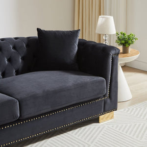 English Elm {Video] Chesterfield Velvet Sofa Tufted Three Seater with Gold Stud Arms for Living Rooms Black+Blue W1926S00127