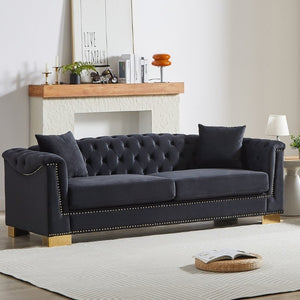 English Elm {Video] Chesterfield Velvet Sofa Tufted Three Seater with Gold Stud Arms for Living Rooms Black+Blue W1926S00127