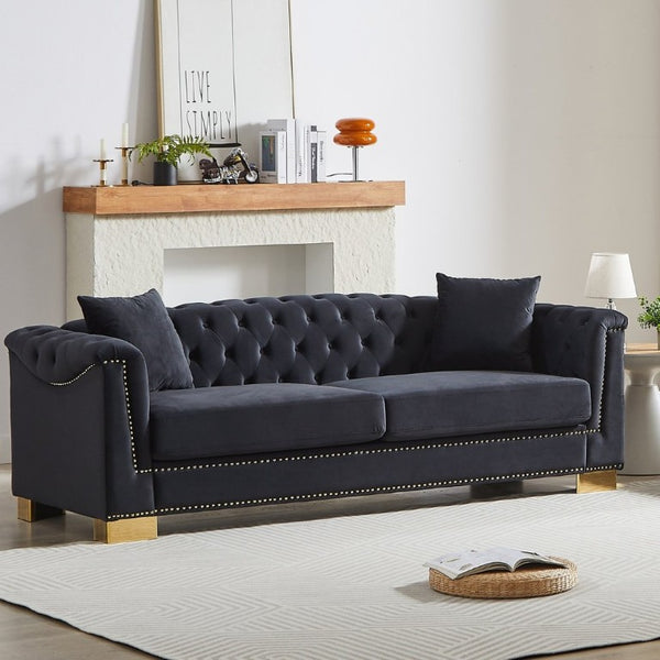 English Elm {Video] Chesterfield Velvet Sofa Tufted Three Seater with Gold Stud Arms for Living Rooms Black+Blue W1926S00127