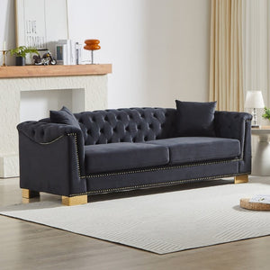 English Elm {Video] Chesterfield Velvet Sofa Tufted Three Seater with Gold Stud Arms for Living Rooms Black+Blue W1926S00127