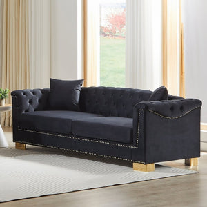 English Elm {Video] Chesterfield Velvet Sofa Tufted Three Seater with Gold Stud Arms for Living Rooms Black+Blue W1926S00127
