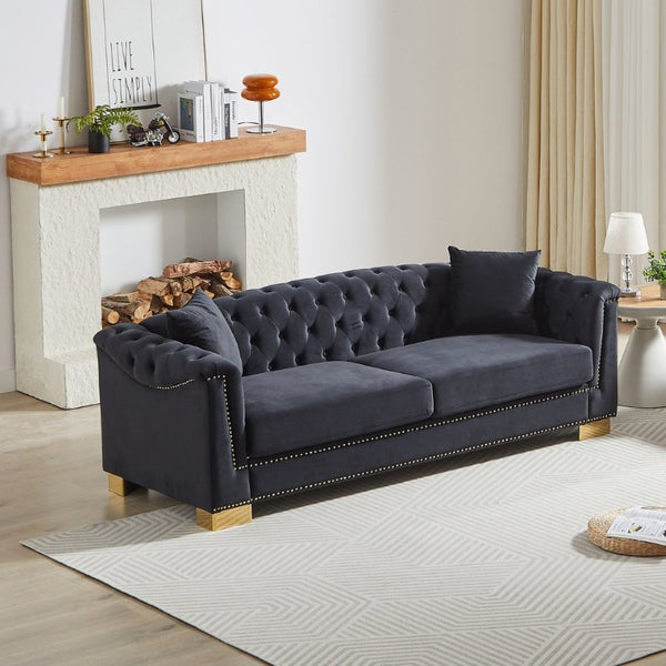 English Elm {Video] Chesterfield Velvet Sofa Tufted Three Seater with Gold Stud Arms for Living Rooms Black+Blue W1926S00127