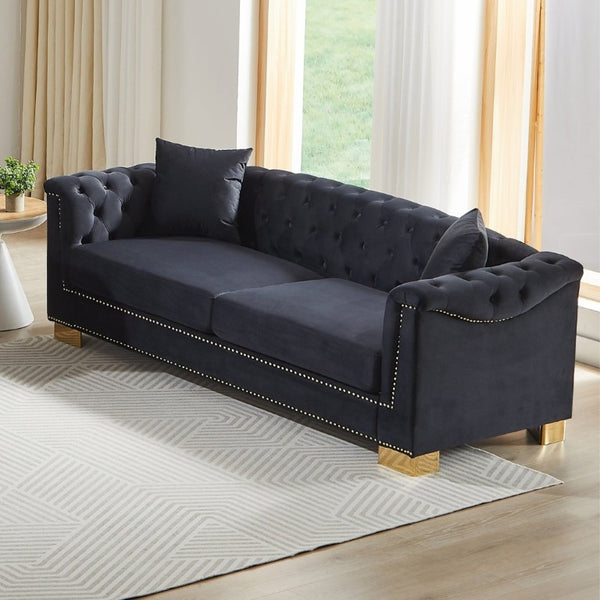 English Elm {Video] Chesterfield Velvet Sofa Tufted Three Seater with Gold Stud Arms for Living Rooms Black+Blue W1926S00127