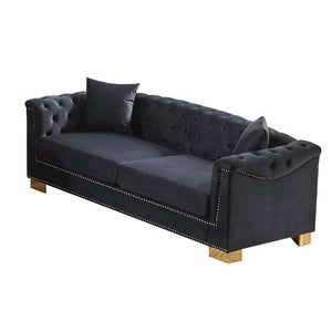 English Elm {Video] Chesterfield Velvet Sofa Tufted Three Seater with Gold Stud Arms for Living Rooms Black+Blue W1926S00127