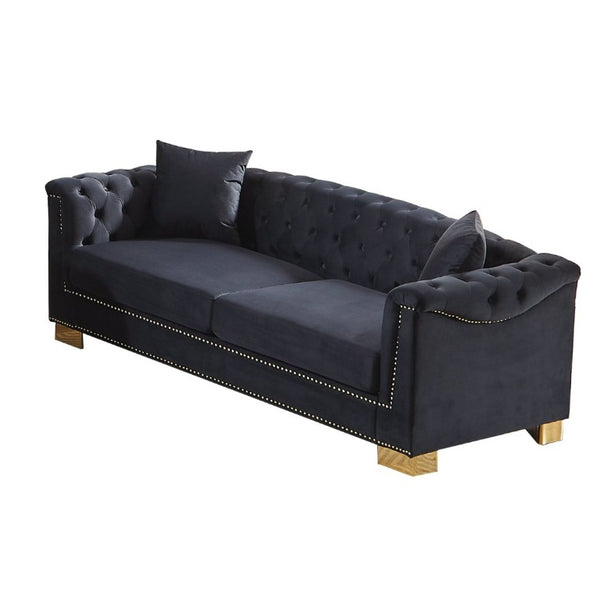 English Elm {Video] Chesterfield Velvet Sofa Tufted Three Seater with Gold Stud Arms for Living Rooms Black+Blue W1926S00127