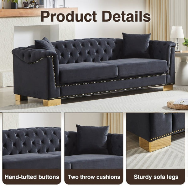 English Elm {Video] Chesterfield Velvet Sofa Tufted Three Seater with Gold Stud Arms for Living Rooms Black+Blue W1926S00127