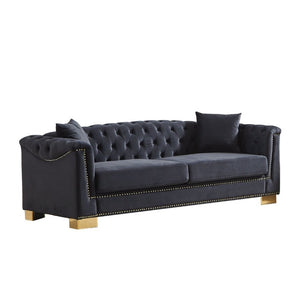 English Elm {Video] Chesterfield Velvet Sofa Tufted Three Seater with Gold Stud Arms for Living Rooms Black+Blue W1926S00127