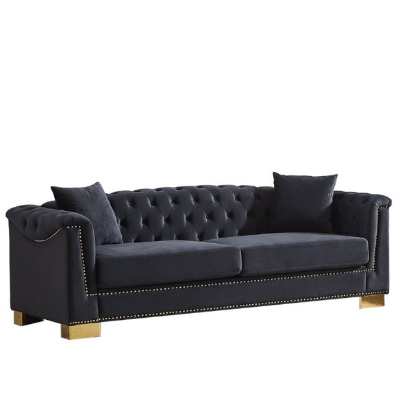 English Elm {Video] Chesterfield Velvet Sofa Tufted Three Seater with Gold Stud Arms for Living Rooms Black+Blue W1926S00127