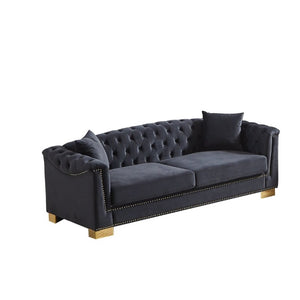 English Elm {Video] Chesterfield Velvet Sofa Tufted Three Seater with Gold Stud Arms for Living Rooms Black+Blue W1926S00127