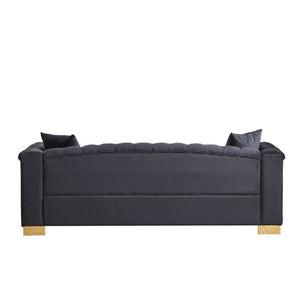 English Elm {Video] Chesterfield Velvet Sofa Tufted Three Seater with Gold Stud Arms for Living Rooms Black+Blue W1926S00127