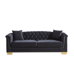 English Elm {Video] Chesterfield Velvet Sofa Tufted Three Seater with Gold Stud Arms for Living Rooms Black+Blue W1926S00127