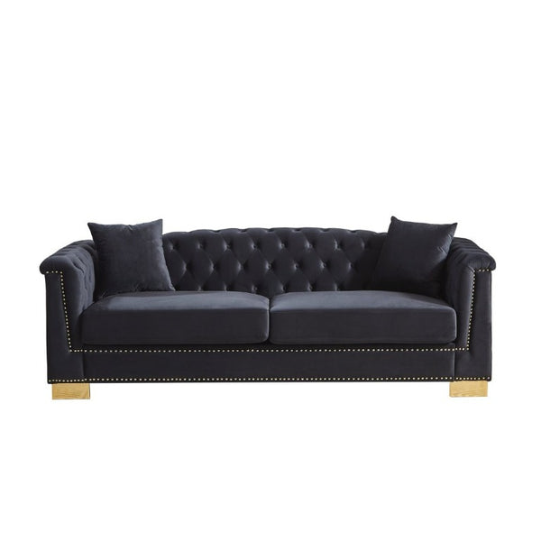English Elm {Video] Chesterfield Velvet Sofa Tufted Three Seater with Gold Stud Arms for Living Rooms Black+Blue W1926S00127