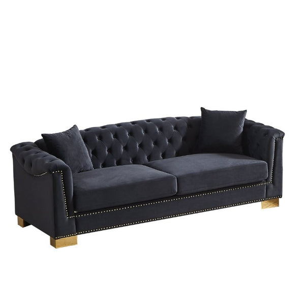 English Elm {Video] Chesterfield Velvet Sofa Tufted Three Seater with Gold Stud Arms for Living Rooms Black+Blue W1926S00127