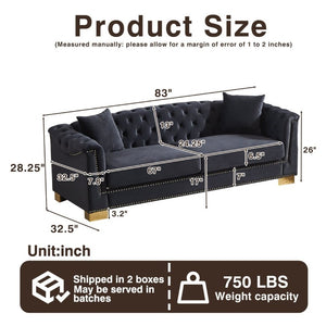 English Elm {Video] Chesterfield Velvet Sofa Tufted Three Seater with Gold Stud Arms for Living Rooms Black+Blue W1926S00127