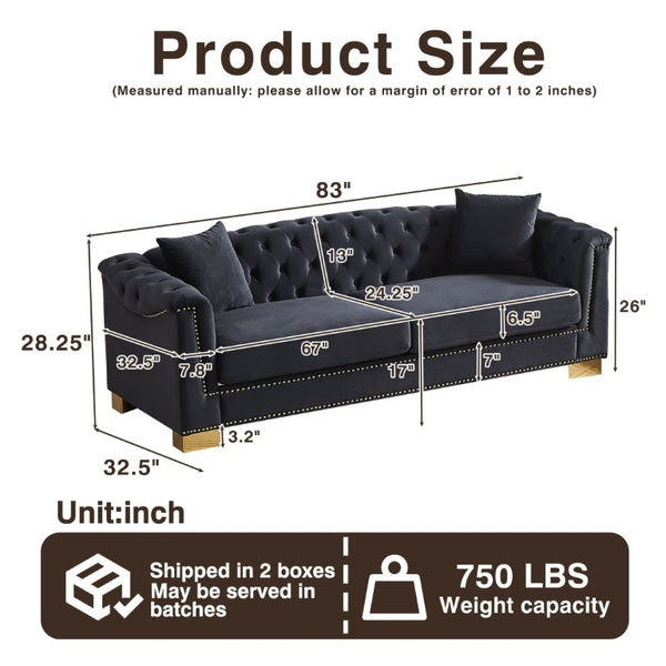 English Elm {Video] Chesterfield Velvet Sofa Tufted Three Seater with Gold Stud Arms for Living Rooms Black+Blue W1926S00127
