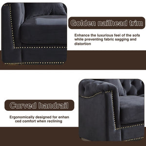 English Elm {Video] Chesterfield Velvet Sofa Tufted Three Seater with Gold Stud Arms for Living Rooms Black+Blue W1926S00127