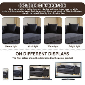 English Elm {Video] Chesterfield Velvet Sofa Tufted Three Seater with Gold Stud Arms for Living Rooms Black+Blue W1926S00127