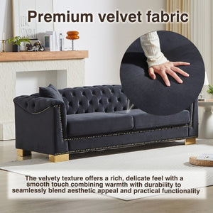 English Elm {Video] Chesterfield Velvet Sofa Tufted Three Seater with Gold Stud Arms for Living Rooms Black+Blue W1926S00127