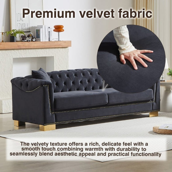 English Elm {Video] Chesterfield Velvet Sofa Tufted Three Seater with Gold Stud Arms for Living Rooms Black+Blue W1926S00127