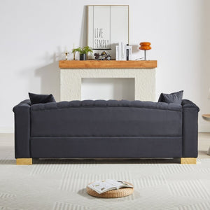 English Elm {Video] Chesterfield Velvet Sofa Tufted Three Seater with Gold Stud Arms for Living Rooms Black+Blue W1926S00127