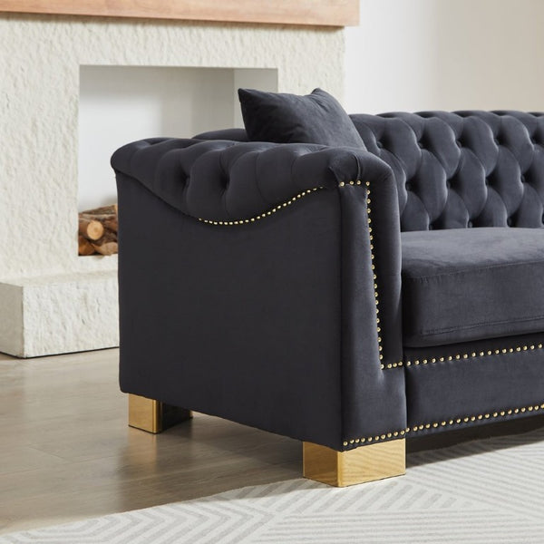 English Elm {Video] Chesterfield Velvet Sofa Tufted Three Seater with Gold Stud Arms for Living Rooms Black+Blue W1926S00127