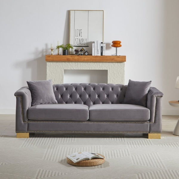 English Elm {Video] Chesterfield Velvet Sofa Tufted Three Seater with Gold Stud Arms for Living Rooms Grey W1926S00128