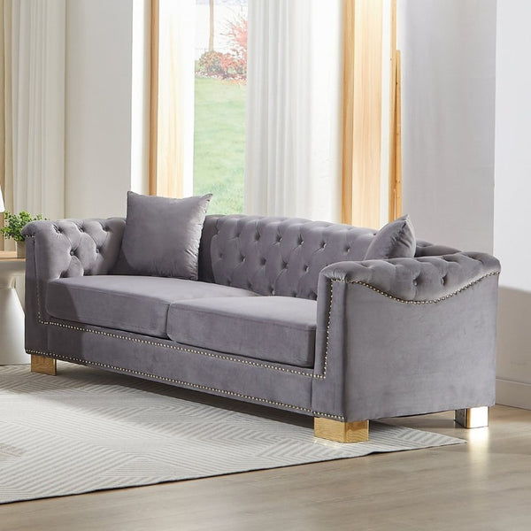English Elm {Video] Chesterfield Velvet Sofa Tufted Three Seater with Gold Stud Arms for Living Rooms Grey W1926S00128