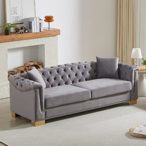 English Elm {Video] Chesterfield Velvet Sofa Tufted Three Seater with Gold Stud Arms for Living Rooms Grey W1926S00128