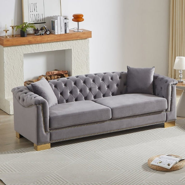 English Elm {Video] Chesterfield Velvet Sofa Tufted Three Seater with Gold Stud Arms for Living Rooms Grey W1926S00128