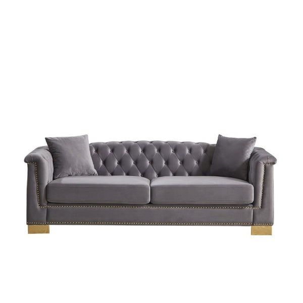 English Elm {Video] Chesterfield Velvet Sofa Tufted Three Seater with Gold Stud Arms for Living Rooms Grey W1926S00128