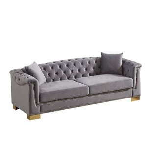 English Elm {Video] Chesterfield Velvet Sofa Tufted Three Seater with Gold Stud Arms for Living Rooms Grey W1926S00128