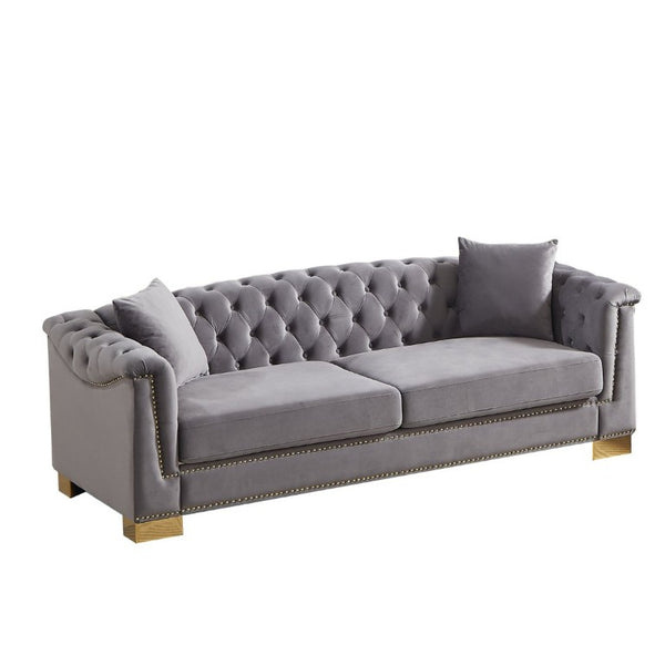 English Elm {Video] Chesterfield Velvet Sofa Tufted Three Seater with Gold Stud Arms for Living Rooms Grey W1926S00128