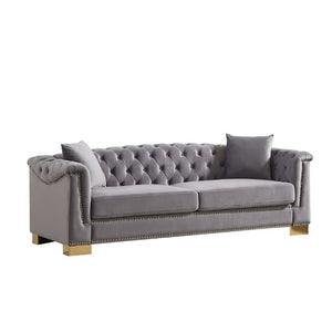 English Elm {Video] Chesterfield Velvet Sofa Tufted Three Seater with Gold Stud Arms for Living Rooms Grey W1926S00128