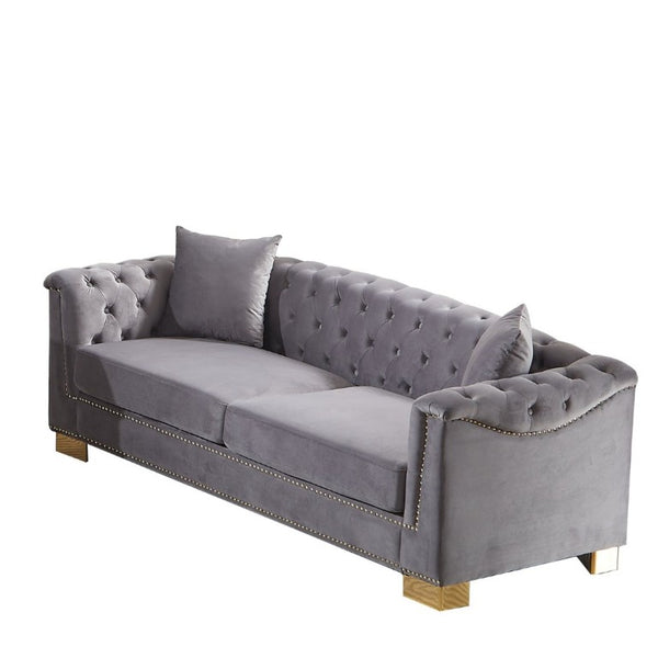English Elm {Video] Chesterfield Velvet Sofa Tufted Three Seater with Gold Stud Arms for Living Rooms Grey W1926S00128