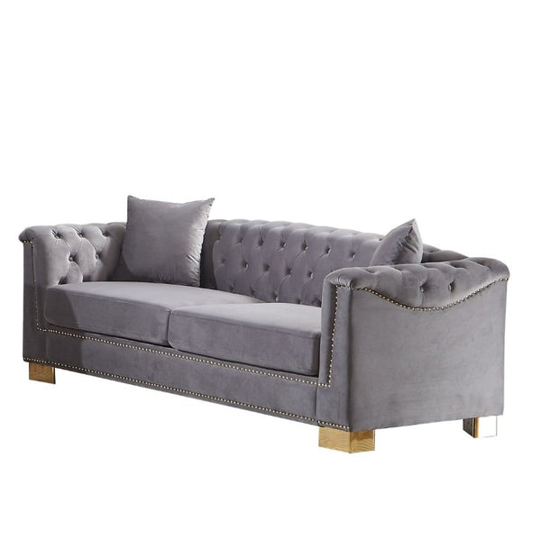 English Elm {Video] Chesterfield Velvet Sofa Tufted Three Seater with Gold Stud Arms for Living Rooms Grey W1926S00128