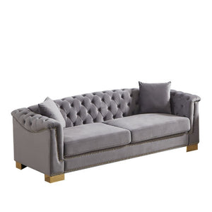 English Elm {Video] Chesterfield Velvet Sofa Tufted Three Seater with Gold Stud Arms for Living Rooms Grey W1926S00128