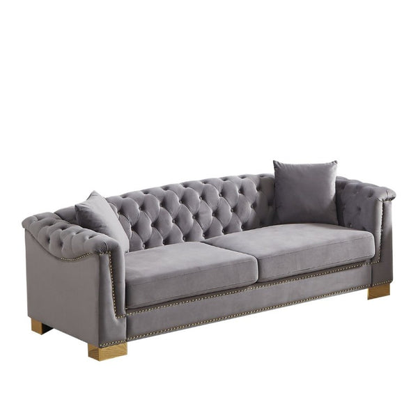 English Elm {Video] Chesterfield Velvet Sofa Tufted Three Seater with Gold Stud Arms for Living Rooms Grey W1926S00128