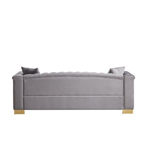 English Elm {Video] Chesterfield Velvet Sofa Tufted Three Seater with Gold Stud Arms for Living Rooms Grey W1926S00128