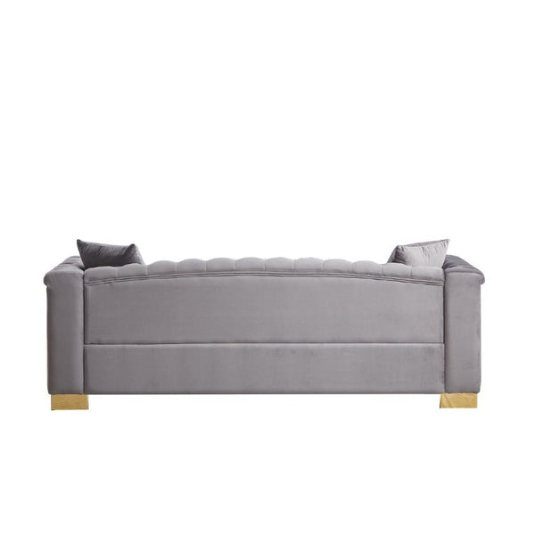 English Elm {Video] Chesterfield Velvet Sofa Tufted Three Seater with Gold Stud Arms for Living Rooms Grey W1926S00128